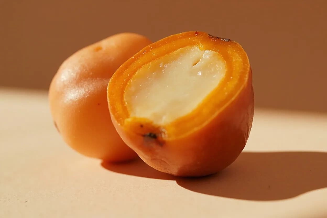 Mamey Sapote in its natural form. Mamey sapote (Pouteria sapota) is a large, oval fruit native to southern Mexico and Central America, with a rough reddish-brown skin concealing salmon-to-brick-red flesh of extraordinary richness. Tasting profile: almond-marzipan sweetness (benzaldehyde), baked sweet potato / pumpkin richness, vanilla and caramel undertone, faint cinnamon spice.