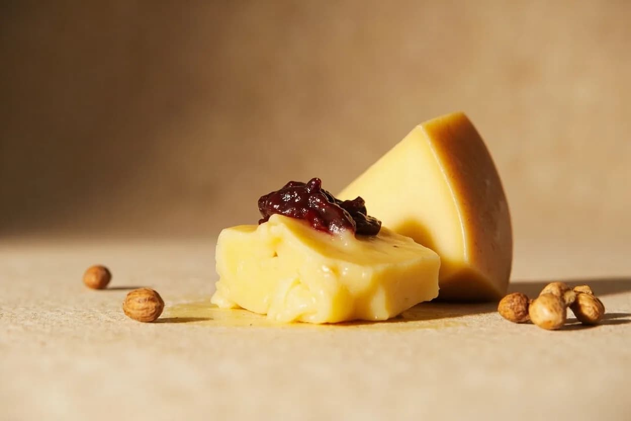 Manchego paired with Quince paste (membrillo) (Spanish) — the canonical affinity made visible. The definitive Spanish combination: tannic, floral-sweet quince is the opposite of Manchego's savory fat, yet they align on an autumnal fruit-and-nut register.