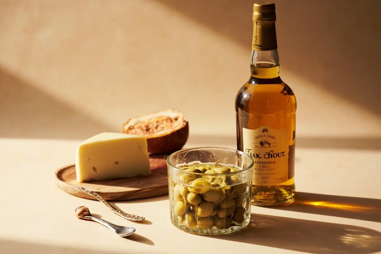 Manzanilla Olive paired with Dry vermouth (Spanish / American cocktail) — the canonical affinity made visible. The martini pairing that made the Manzanilla famous: vermouth's herbal bitterness mirrors the olive's residual oleuropein while its alcohol cuts the brine.