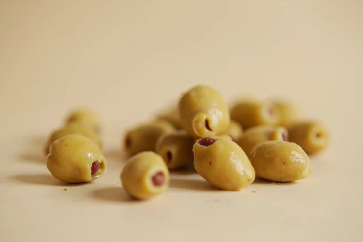 Manzanilla Olive in its natural form. Manzanilla olives are harvested green (unripe) from the Manzanilla Sevillana cultivar grown in the Sevillian lowlands of Andalusia. Tasting profile: Clean brine / sea salt, Buttery richness from oleic acid, Subtle grassy bitterness (oleuropein residue), Mild fermented tang (lactic acid).