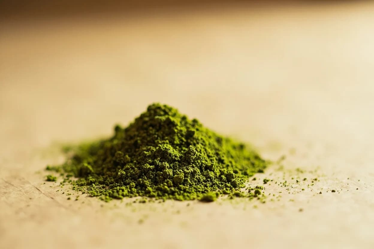 Matcha in its natural form. Matcha is stone-ground powder made from tencha, shade-grown green tea leaves that have been deveined and destemmed before grinding. Tasting profile: vegetal grass, marine umami (seaweed-like), sweet hay, astringent tannins (mild).