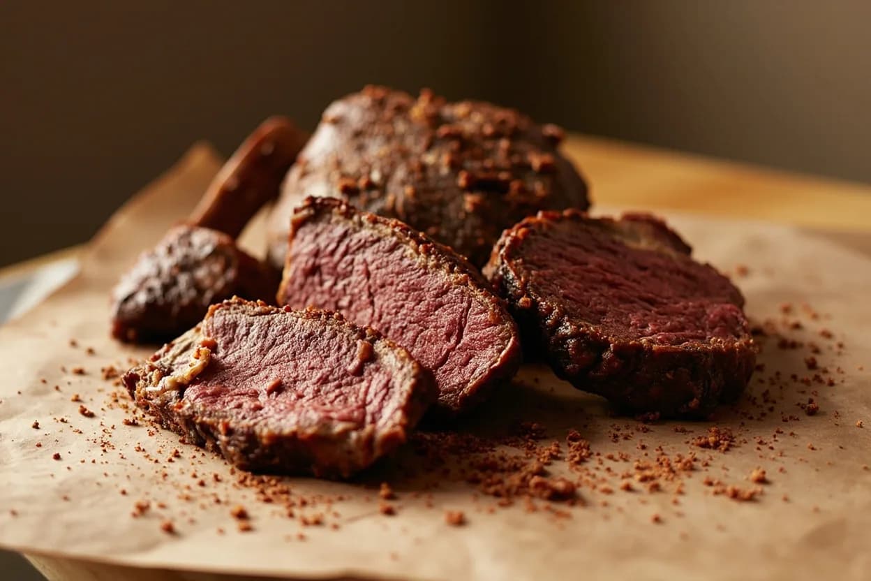 Mesquite paired with Beef skirt steak (carne asada) (Tex-Mex / Northern Mexican) — the canonical affinity made visible. High-heat mesquite grilling is the canonical method for carne asada — the intense heat sears quickly while the wood adds a wild, border-region smokiness.