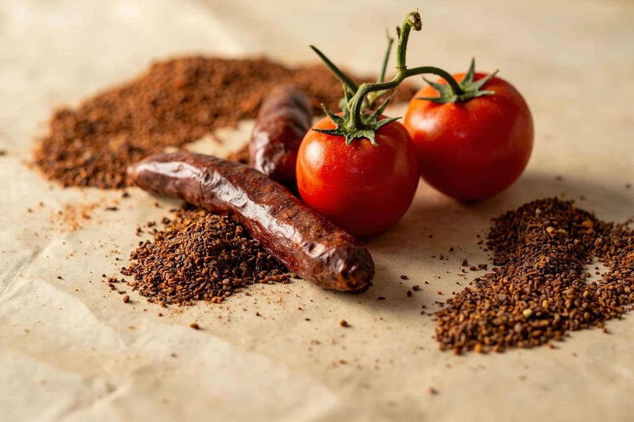 Mexican Oregano paired with Dried ancho, mulato, or pasilla chile (Mexican / Oaxacan) — the canonical affinity made visible. Mexican oregano is indispensable in moles and chile sauces; its citrus-resin edge bridges the fruity depth of dried chiles and the other aromatics without losing its identity over a long simmer.