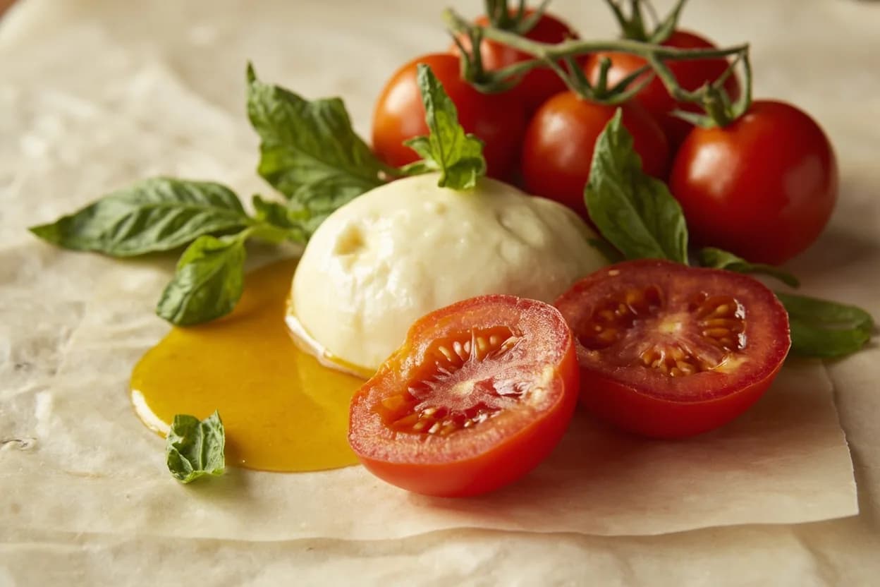 Mozzarella di Bufala paired with Ripe San Marzano tomatoes (Italian (Campanian)) — the canonical affinity made visible. Acid and sweetness from summer tomatoes counterbalance the cheese's richness; together they form insalata Caprese, one of the great uncooked dishes.