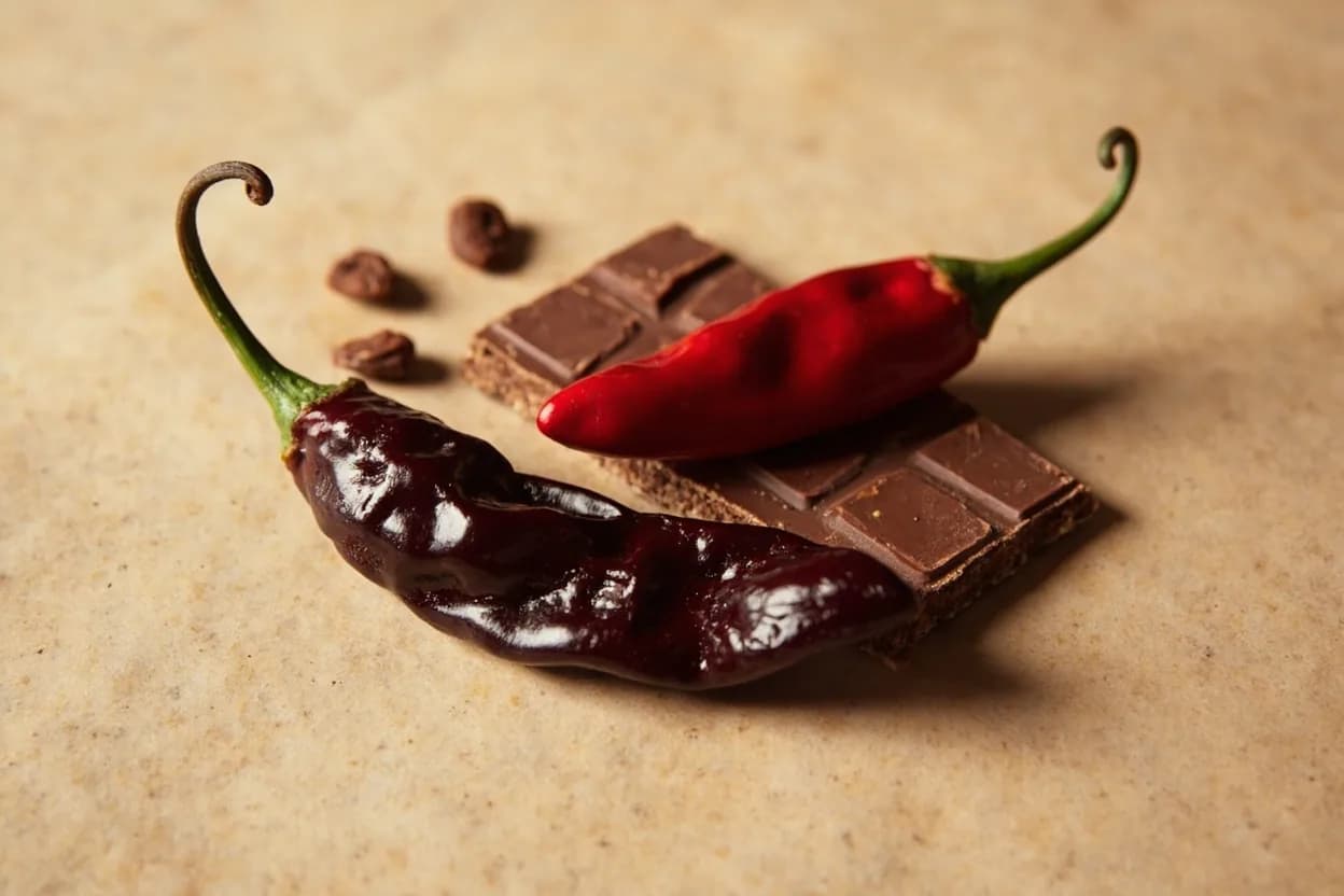 Mulato Chile paired with dark chocolate (70%+) (Mexican) — the canonical affinity made visible. The mulato is essentially a dried chile that already tastes of chocolate; adding real chocolate in mole negro creates a resonant, doubled depth.