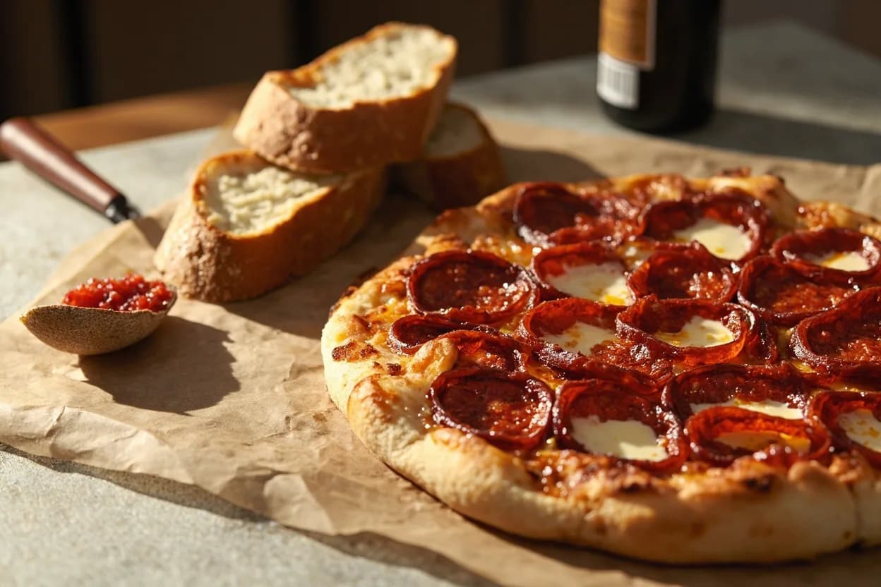 Nduja paired with Pizza (Neapolitan and Calabrian) (Calabrian/Neapolitan) — the canonical affinity made visible. Small blobs of nduja placed on pizza before baking melt into orange-red pools of spiced fat that permeate the dough edge and mozzarella; it is effectively a self-basting ingredient.
