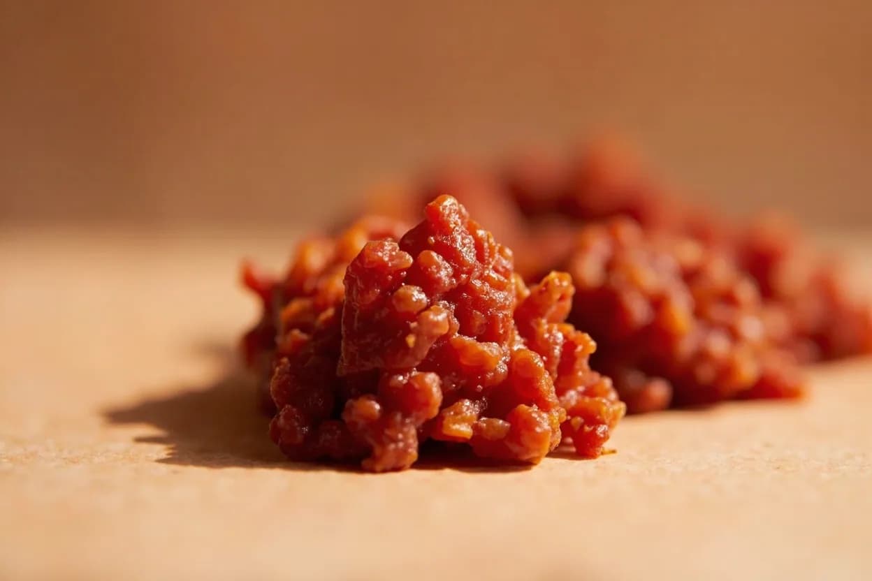 Nduja in its natural form. 'Nduja (en-DOO-ya) is a soft, spreadable Calabrian salumi made from a blend of fatty pork cuts (cheeks, belly, trimmings) and a very high proportion — up to 30% by weight — of Calabrian chilli pepper… Tasting profile: intense Calabrian chilli heat — fruity and building, fermented pork fat funk — rich, complex, paprika and red pepper fruity sweetness beneath the burn, light smoke from the casing cure.