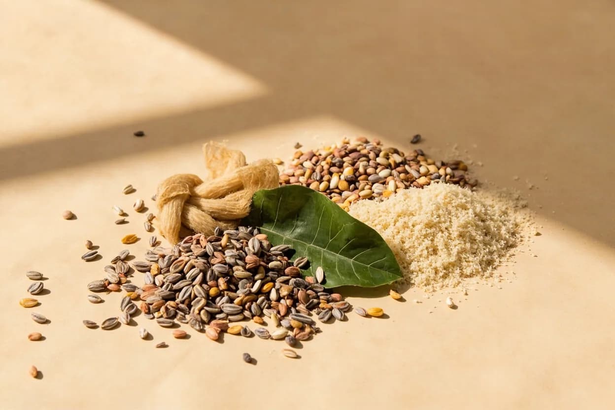Njangsa Seeds paired with Eru leaves (Gnetum africanum) (Cameroonian) — the canonical affinity made visible. The slightly bitter, fibrous eru leaf is the natural co-star of njangsa in Cameroonian eru soup — both are earthy and the seed's oil coats the tough leaf strands.