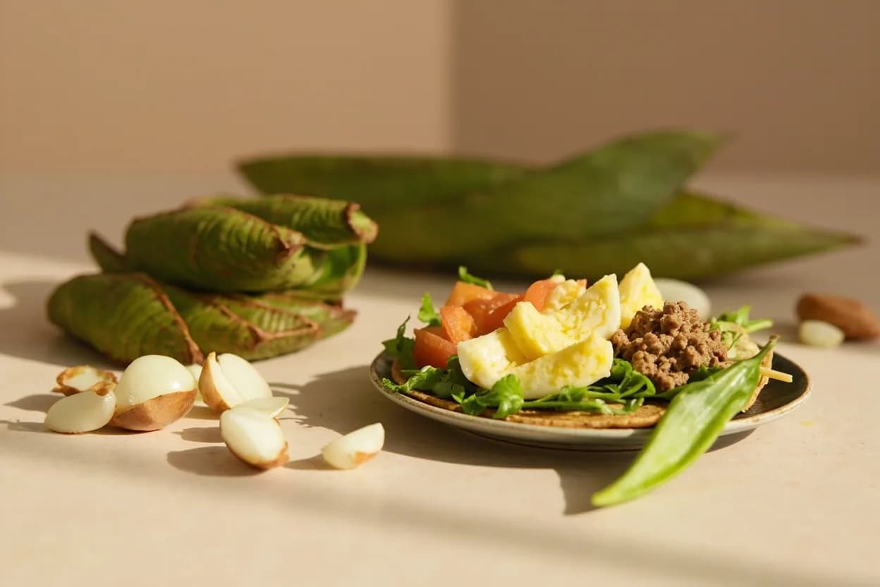 Nopales paired with Eggs (huevos) (Mexican) — the canonical affinity made visible. Nopales con huevos scrambled together is one of the most enduring Mexican breakfast preparations.