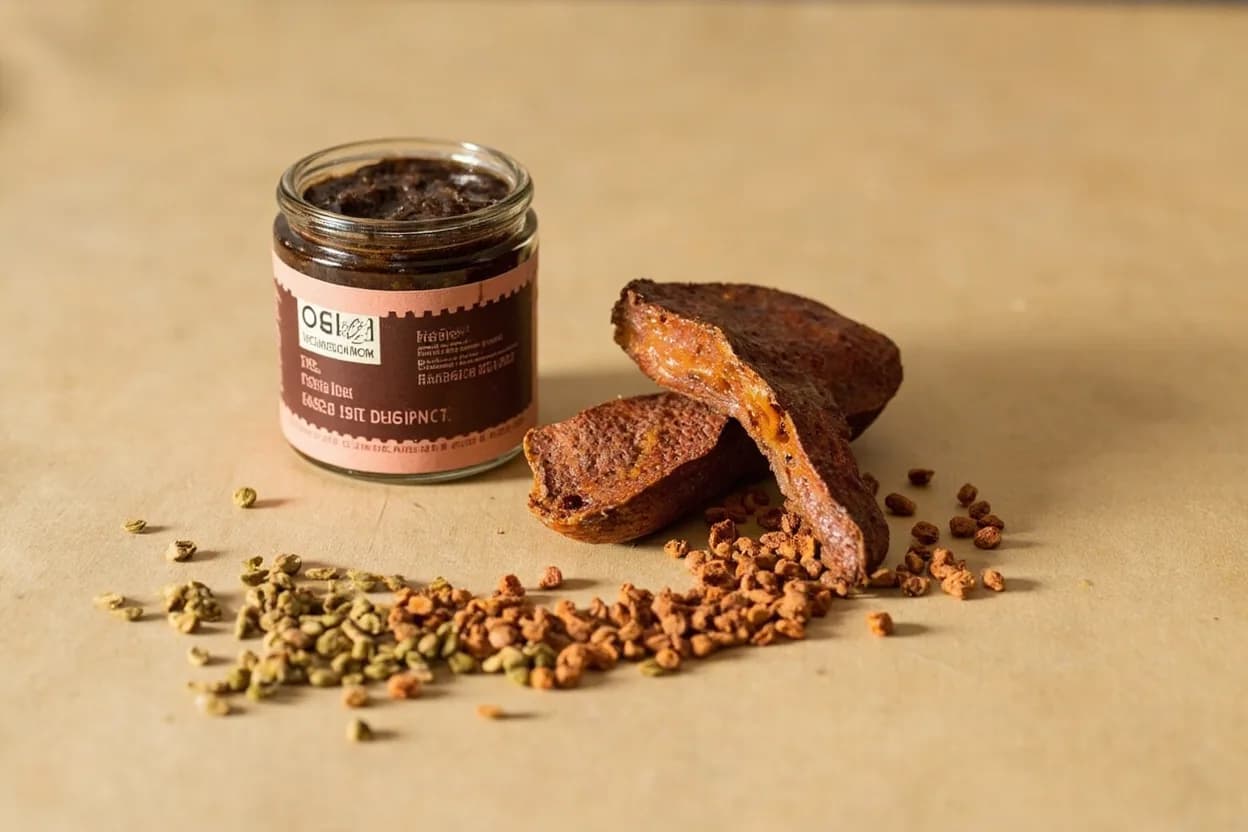 Ogiri (Fermented Castor Seed Paste) paired with Egusi (melon seeds) (Igbo, Yoruba) — the canonical affinity made visible. Ogiri is almost always added to egusi soup — its fermented bass note balances the fatty richness of ground melon seeds and anchors the palm oil base.