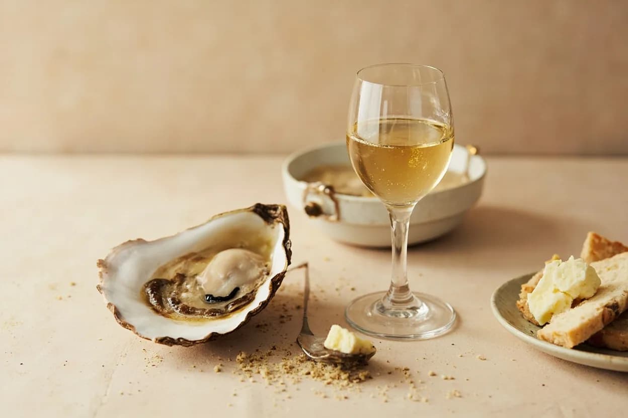 Oyster paired with Champagne / sparkling wine (French) — the canonical affinity made visible. High acidity and fine bubbles cut brine and amplify the oyster's mineral finish — the most celebrated pairing in the beverage world.
