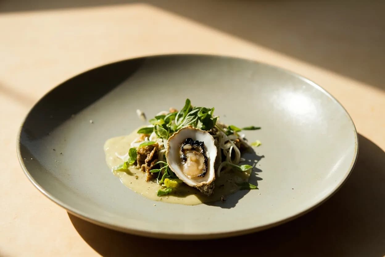 Oyster in its element — Oysters Rockefeller (New Orleans). Adventurous crossover: Cucumber granita — A frozen cucumber granita played against a raw oyster amplifies the natural melon-cucumber note in Pacific varieties — a modern fine-dining intermezzo..