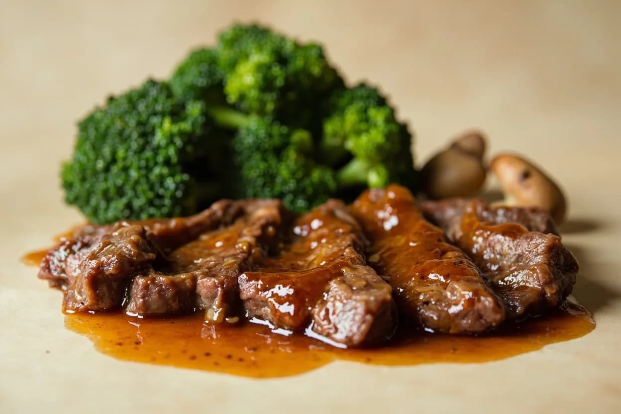Oyster Sauce paired with Chinese broccoli (gai lan) (Cantonese) — the canonical affinity made visible. The definitive pairing: gai lan's slight bitterness and firm texture absorb oyster sauce perfectly when blanched and finished with a drizzle of sauce and sesame oil.
