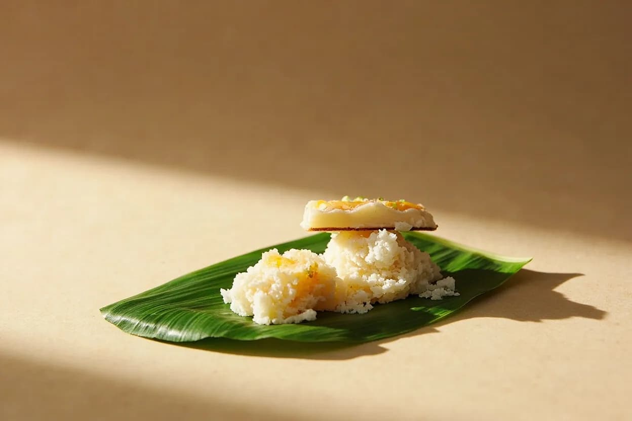 Pandan Leaf paired with coconut milk (Malaysian, Singaporean, Indonesian, Thai, Filipino) — the canonical affinity made visible. The great partnership of Southeast Asian desserts: pandan's jasmine-vanilla aroma and coconut milk's fat-rich sweetness are synergistic in kaya, onde onde, pandan chiffon cake, and coconut custard.