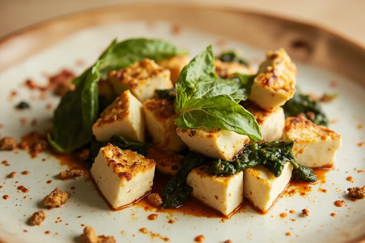 Paneer paired with Spinach (palak) (Indian (North)) — the canonical affinity made visible. The foundational pairing — pureed spinach's earthy, slightly bitter depth and vivid color contrast the white, neutral cubes; the fat in paneer smooths out the green's astringency.