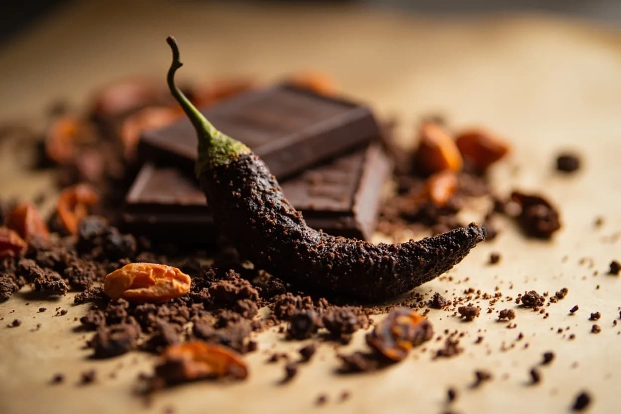 Pasilla Chile paired with dark chocolate (Mexican) — the canonical affinity made visible. Shared bitter, earthy notes fuse seamlessly in mole negro; chocolate extends the pasilla's fruit-tobacco depth.