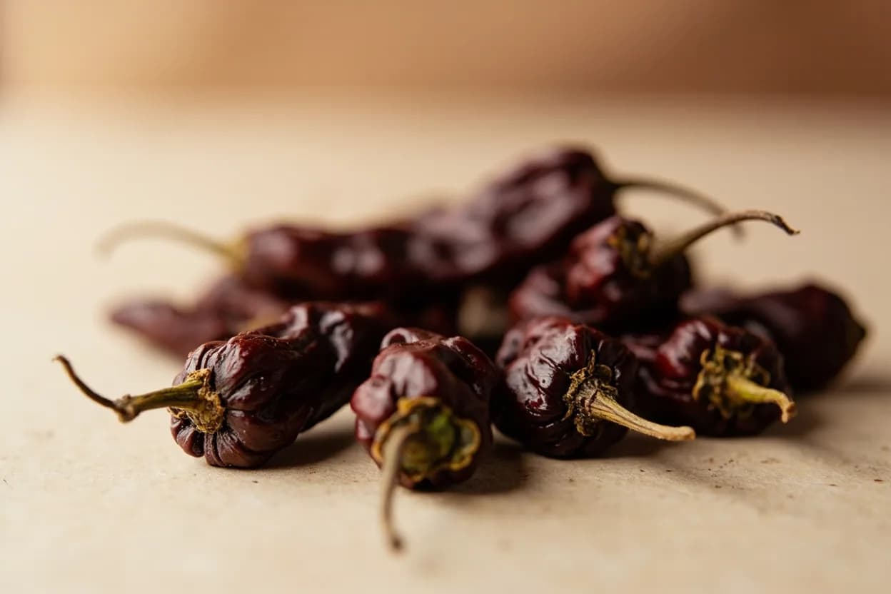 Pasilla Chile in its natural form. The pasilla is the dried form of the chilaca chile, a slender dark green pepper grown in central Mexico. Tasting profile: dried cherry and raisin, tobacco and dried herbs, earthy, mushroom-like depth, mild licorice undertone.
