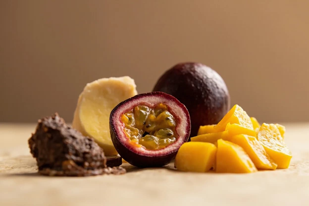 Passion Fruit paired with Dark chocolate (French and Brazilian chocolatiers) — the canonical affinity made visible. Acid cuts chocolate fat and brightens fruit notes already present in well-fermented cacao; the floral character complements roasted bitterness.