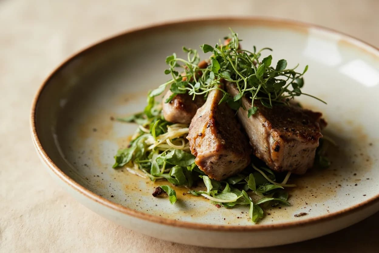 Perilla (Kkaennip) in its element — Samgyeopsal ssam (Korean pork belly wrap). Adventurous crossover: Lamb chops — Kkaennip's anise register resonates with lamb's gaminess the way rosemary does — use as a wrap herb or muddle into a chimichurri-style sauce with rice vinegar and sesame oil..