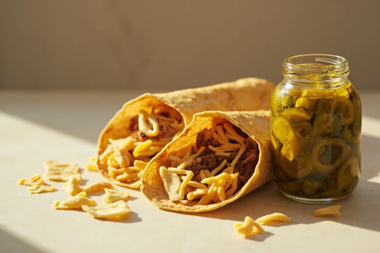 Pickled Jalapeño paired with Nachos with cheddar or Oaxacan cheese (Mexican-American) — the canonical affinity made visible. The definitive application: heat and acidity cut through molten cheese, preventing richness from becoming cloying.