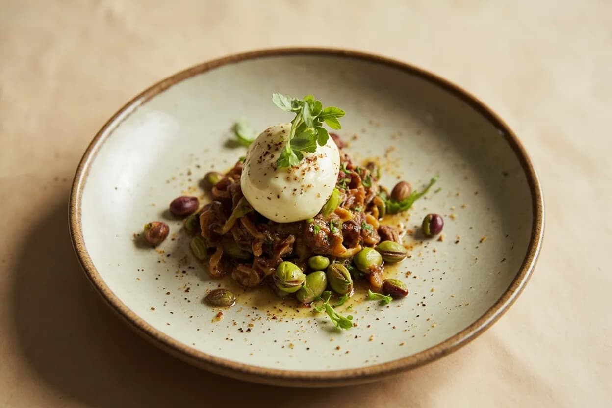 Pistachio in its element — Baklava (Turkish, Lebanese, Greek). Adventurous crossover: Burrata — Raw pistachio crushed over burrata with olive oil and flaky salt plays the nut's green, grassy side against the cheese's milky creaminess — a modern Italian restaurant staple..