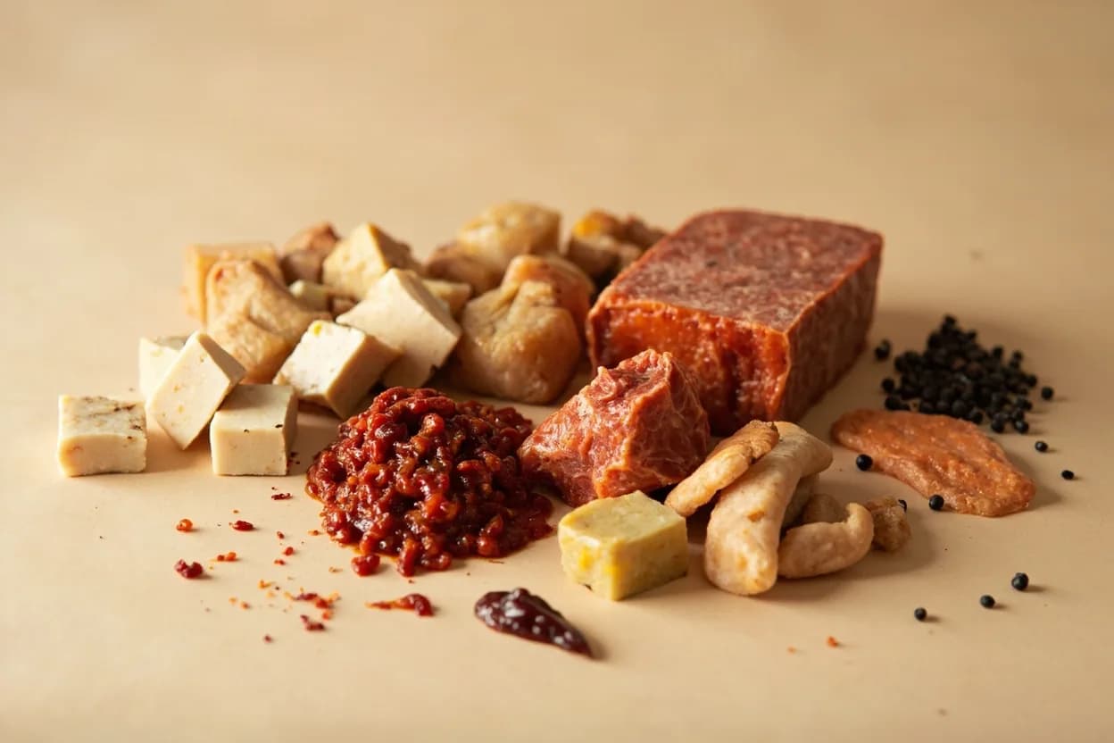 Pixian Chili Bean Paste paired with Doufu (silken or firm tofu) (Sichuan Chinese) — the canonical affinity made visible. Tofu's neutral protein canvas absorbs the paste's chili oil and umami completely; the contrast of soft curds against spiced braise is canonical in mapo tofu.