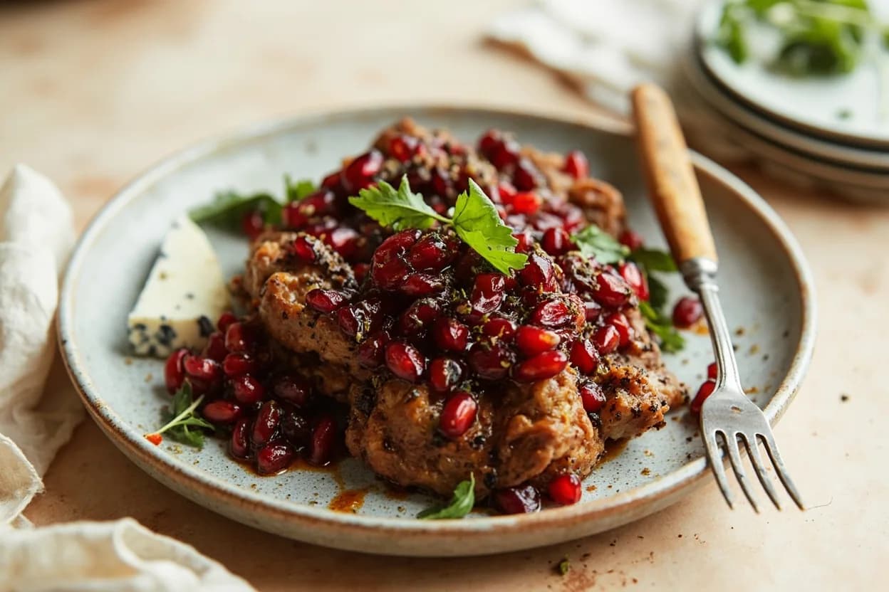 Pomegranate Molasses in its element — Muhammara (Syrian-Lebanese roasted red pepper dip). Adventurous crossover: Blue cheese — The combination maps onto the classic grape-cheese logic but with greater complexity — pomegranate molasses's fruit-tartness cuts blue cheese's ammonia edge while the berry depth echoes the cheese's funk..