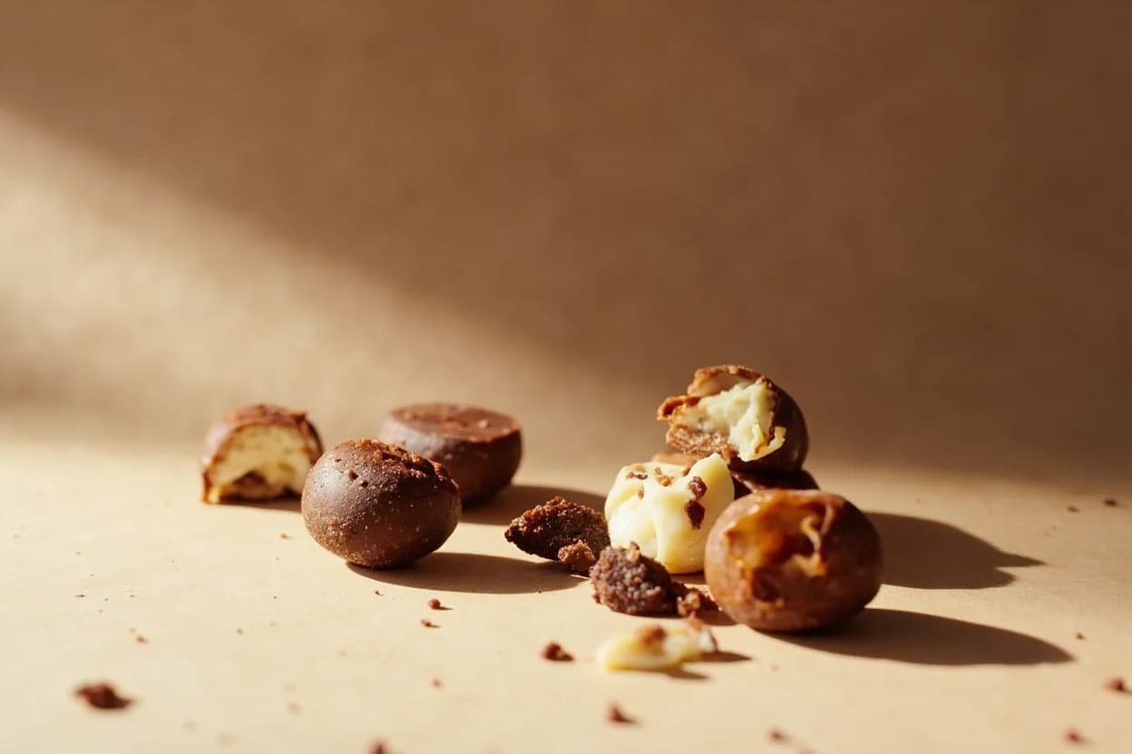 Praline paired with Dark chocolate (70%+) (French/Belgian confectionery) — the canonical affinity made visible. Praline paste and chocolate are the bedrock of countless bonbons, truffles, and bars; caramel sweetness softens chocolate bitterness while bitterness defines the sweetness.