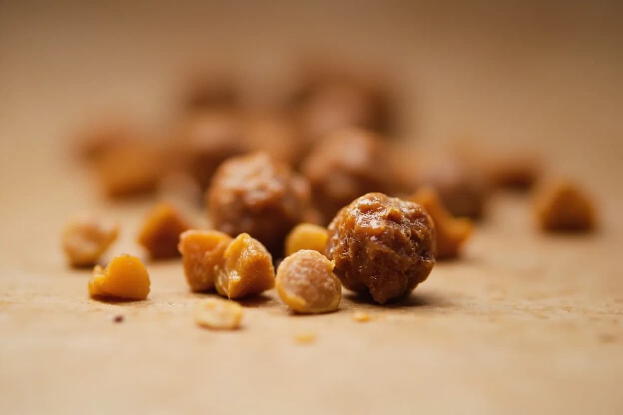 Praline in its natural form. Praline is made by cooking nuts (classically hazelnuts or almonds, or a blend) in hot sugar until the caramel coats and hardens around them, then grinding the brittle to a smooth paste. Tasting profile: deep caramel sweetness, roasted nut nuttiness (hazelnut or almond), toffee and butterscotch notes from Maillard reaction, slight bitterness at the caramel's edge.