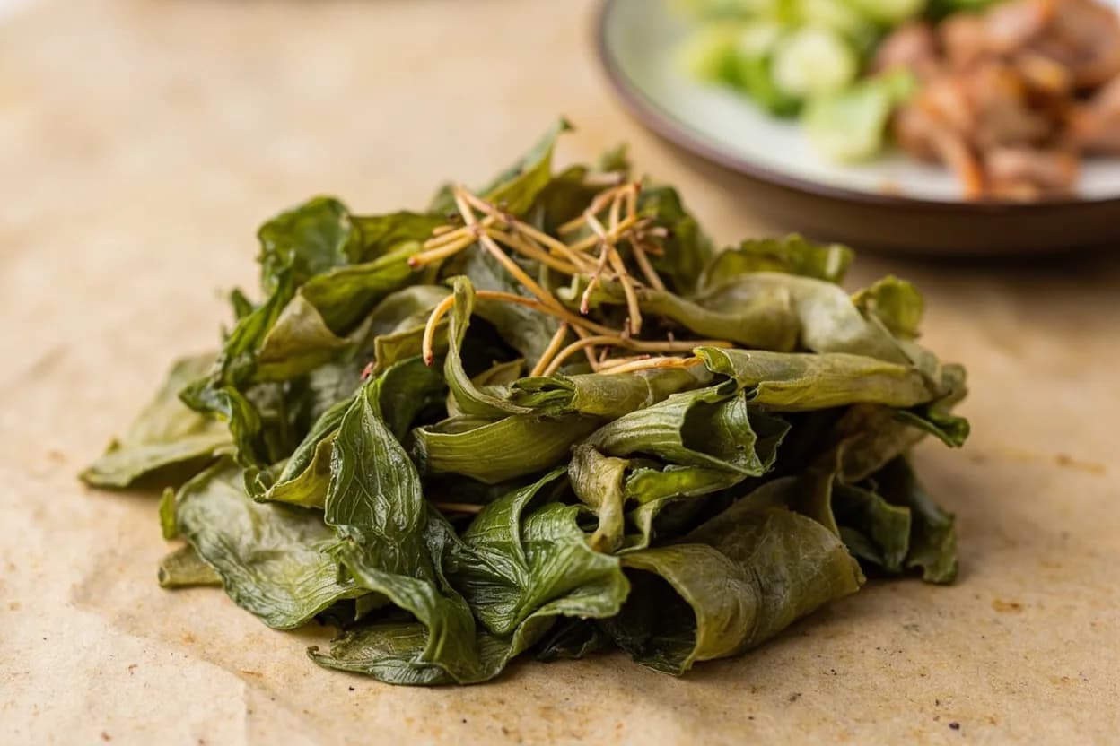 Preserved Mustard Greens (Mei Cai) paired with Pork belly (Hakka Chinese / Cantonese) — the canonical affinity made visible. The canonical pairing — mei cai kou rou (braised pork belly with preserved mustard greens) is a Cantonese/Hakka classic; the greens absorb pork fat and soy while their umami amplifies the meat's richness.