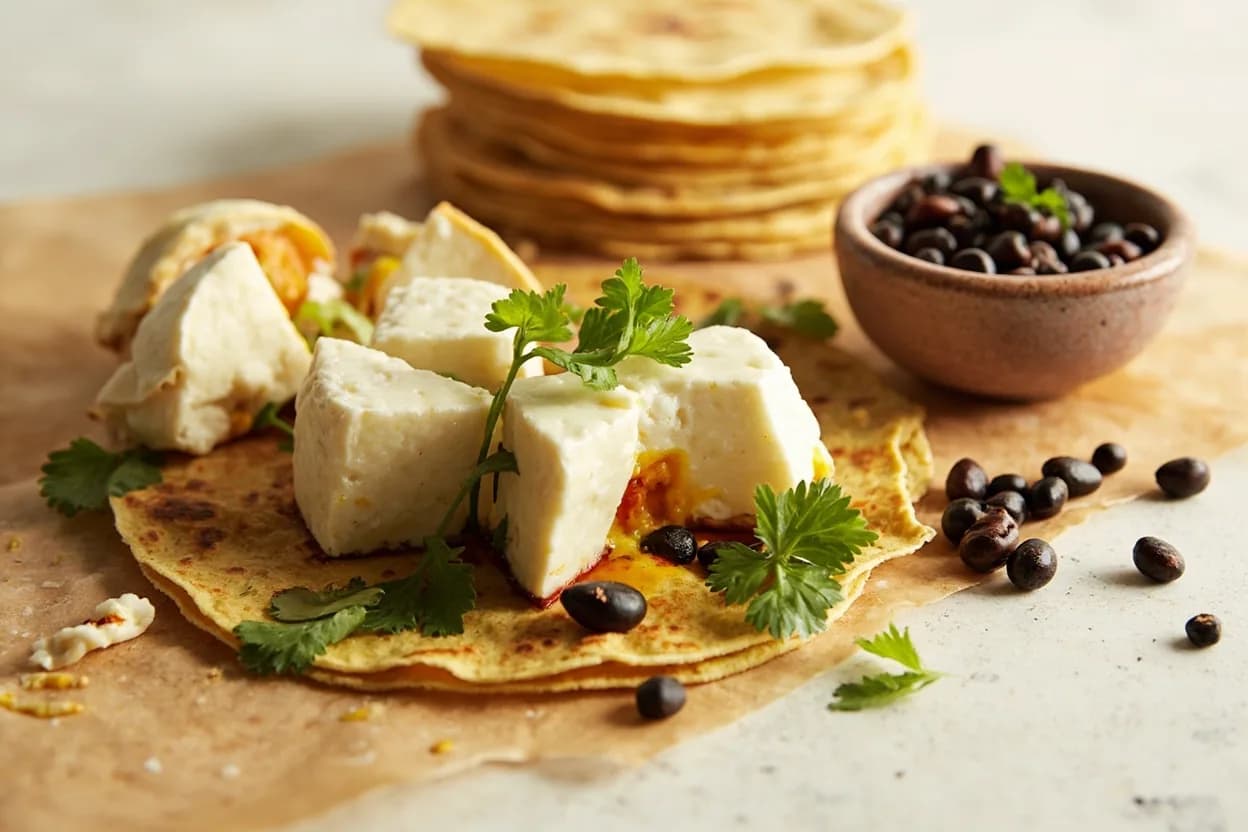 Queso Fresco paired with Corn tortillas (Mexican) — the canonical affinity made visible. The nixtamal earthiness of masa is a natural landing pad for queso fresco's salt; every taco de canasta is finished this way.