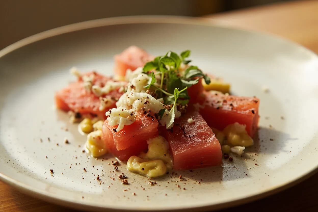 Queso Fresco in its element — Tacos de canasta. Adventurous crossover: Watermelon and tajín — Sweet watermelon, chile-lime tajín, and crumbled queso fresco hit every register simultaneously — a popular Mexican street snack riff that travels beautifully to salads..
