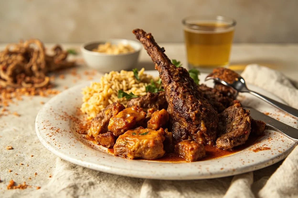 Ras el Hanout paired with lamb (Moroccan) — the canonical affinity made visible. The foundational pairing: lamb shoulder or leg tagine with ras el hanout, preserved lemon, and olives is Morocco's most celebrated slow-cooked dish.