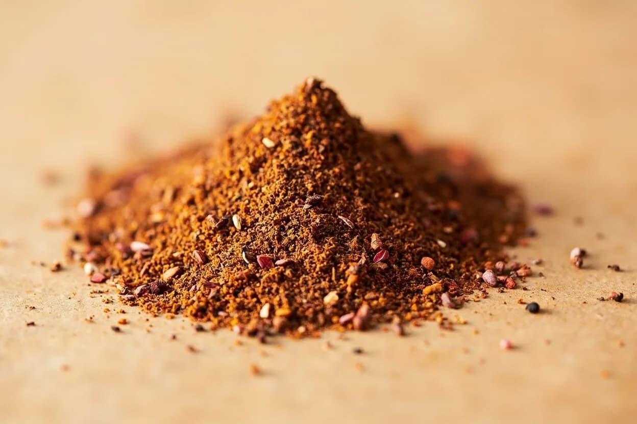 Ras el Hanout in its natural form. Ras el hanout (Arabic: 'head of the shop') is Morocco's premier spice blend, historically comprising the finest spices a merchant carried. Tasting profile: warm floral rose-petal perfume, sweet cinnamon and mace warmth, earthy cumin and coriander base, black pepper and cubeb bite.