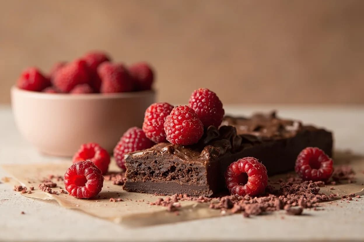 Raspberry paired with Dark chocolate (French and Belgian confectionery) — the canonical affinity made visible. The definitive combination: fruit acid cuts chocolate fat, and the shared red-fruit notes in fermented cacao harmonize with raspberry's ester profile.
