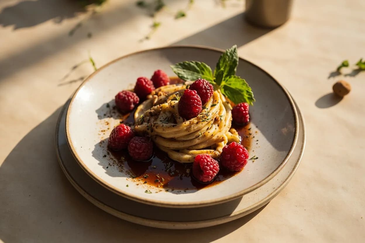 Raspberry in its element — Tarte aux framboises (French raspberry tart). Adventurous crossover: Aged balsamic vinegar — Tradizionale has caramelized grape sweetness and acidity that mirrors the berry's tartness; the combination makes a powerful gastrique for duck or pork..