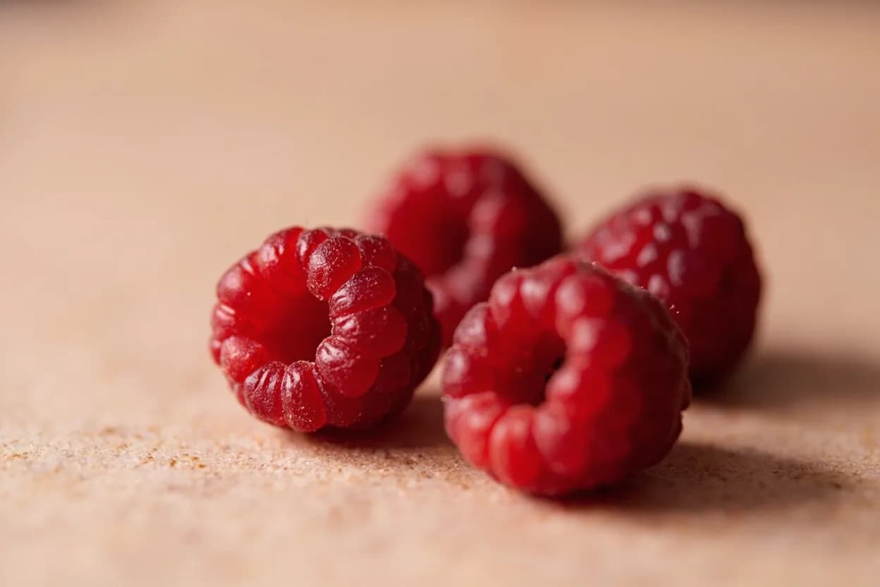 Raspberry in its natural form. The raspberry (Rubus idaeus) is a compound drupe built of tiny drupelets around a central plug. Tasting profile: Sharp, clean tartness (citric and malic acid), Raspberry ketone — the fruit's singular floral-fruity ester, Rose and violet floral notes (geraniol, damascenone), Jammy red fruit sweetness (ripe specimens).