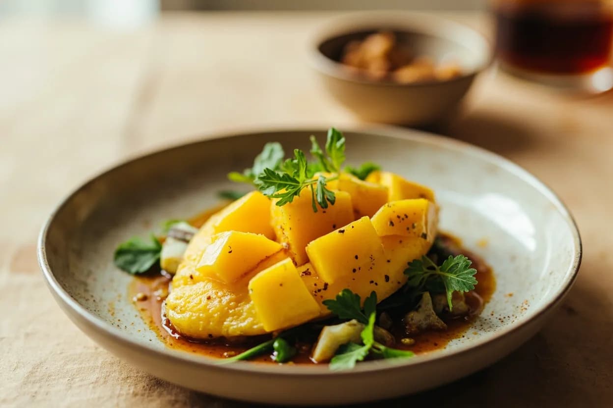 Raw Mango in its element — Aam ka achar (North Indian mango pickle). Adventurous crossover: Fish sauce — Raw mango's citric acid and fish sauce's fermented brine create a sour-umami dressing for grilled fish or vegetable salads, bridging South Asian and Southeast Asian sensibilities..