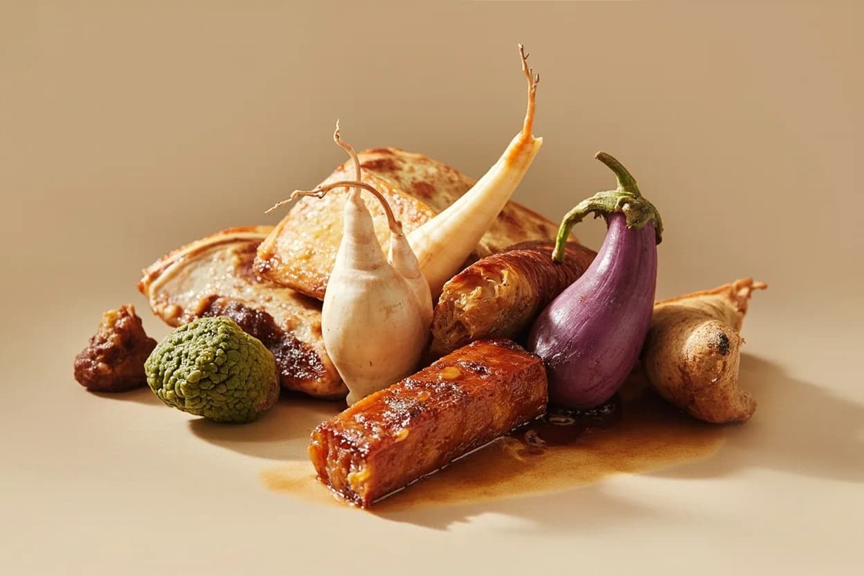 Red Miso (Aka Miso) paired with Pork belly and pork shoulder (Japanese) — the canonical affinity made visible. Red miso's salinity and umami penetrate fatty pork deeply in braises and glazes; the long ferment flavors match the richness without being lost.