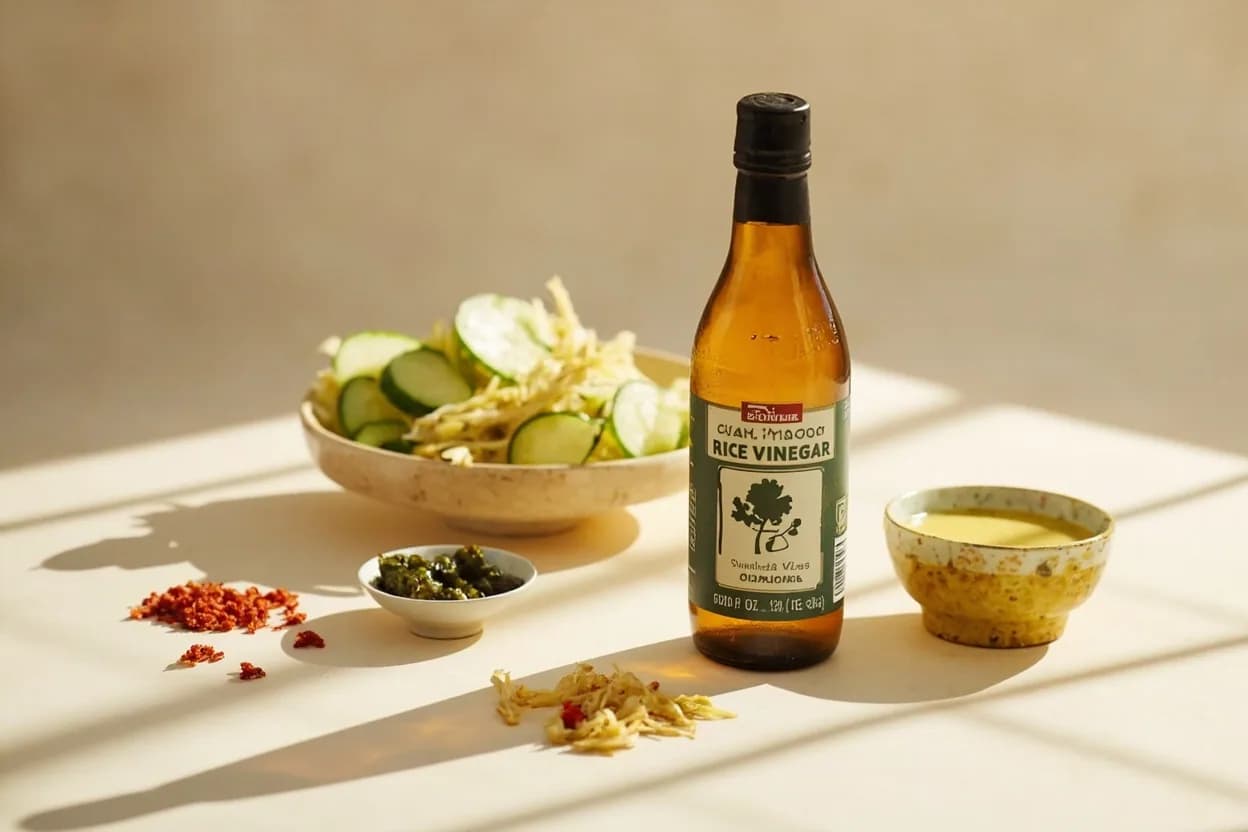 Rice Vinegar paired with Sushi rice (sumeshi) (Japanese) — the canonical affinity made visible. Seasoned rice vinegar is the defining ingredient of sushi rice — its mild acidity seasons and lightly preserves while the sugar and salt components balance the starch; this is rice vinegar's canonical application