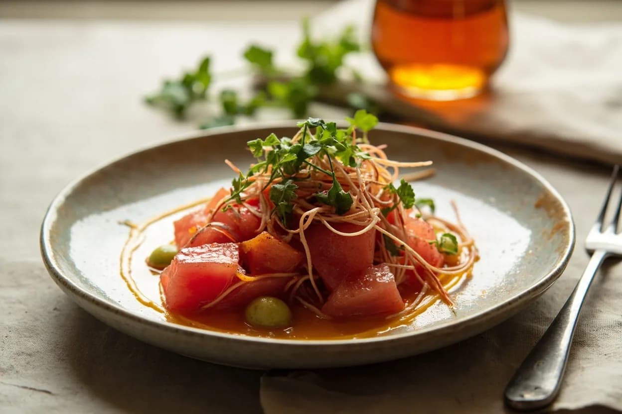Rice Vinegar in its element — Sushi rice (sumeshi). Adventurous crossover: Watermelon — A quick watermelon shrub (vinegar syrup) made with rice vinegar produces a cleaner, more neutral sweetness than apple cider vinegar — the fruit's delicate flavour survives intact, ideal for cocktails and agua fresca.