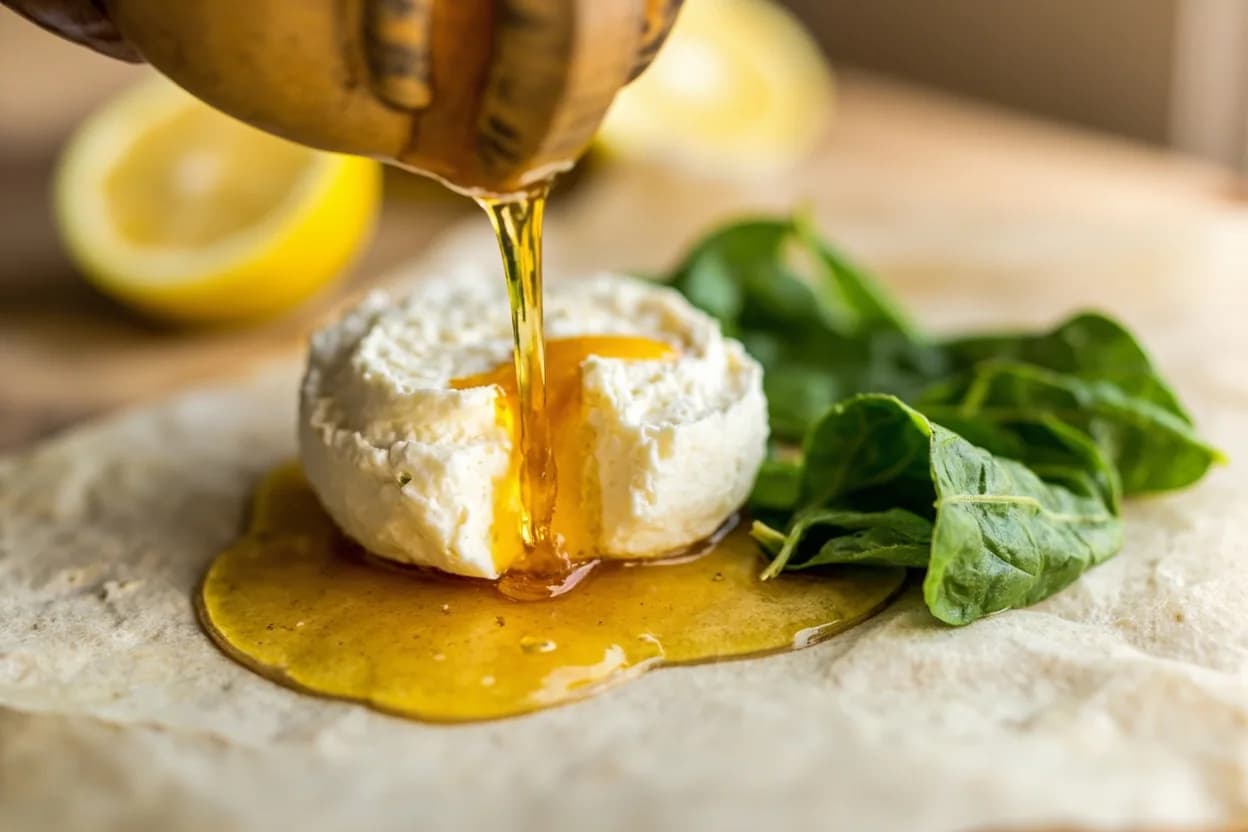 Ricotta paired with Honey (Italian) — the canonical affinity made visible. Floral or chestnut honey amplifies ricotta's own natural sweetness and provides viscosity; a drizzle over warm ricotta on toast is one of Italy's oldest simple pleasures.