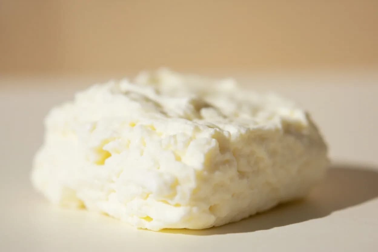Ricotta in its natural form. Ricotta (literally 're-cooked') is made by heating the whey left after cheesemaking, causing the remaining proteins to aggregate into soft, moist curds. Tasting profile: clean milky sweetness, light lactic tang, grassy dairy, subtle whey bitterness.