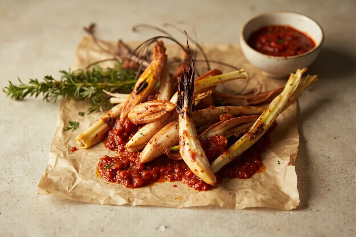 Romesco paired with Calçots (charred spring onions) (Catalan) — the canonical affinity made visible. The defining pairing — blackened calçots are peeled and dipped directly into romesco; the smoky-sweet sauce is the entire point of the calçotada feast.