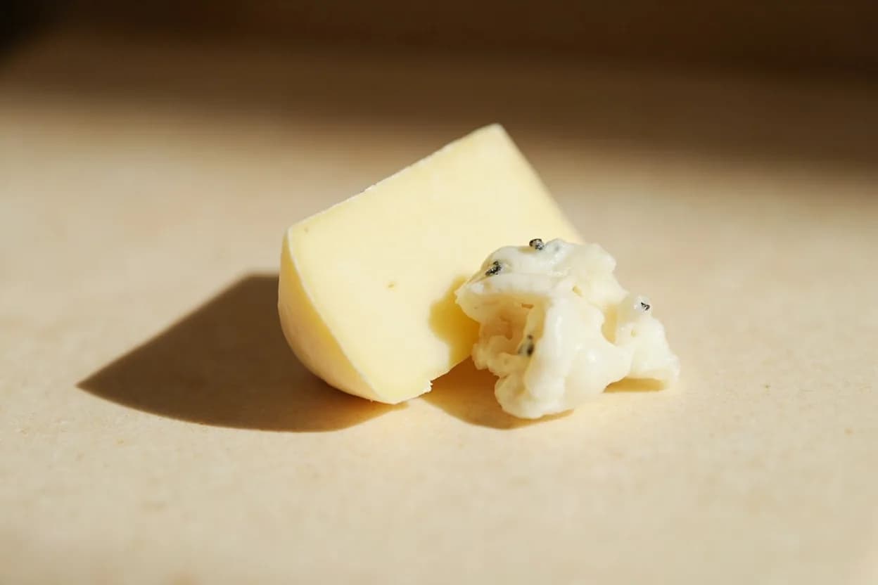 Roquefort in its natural form. Roquefort AOP is made exclusively from raw Lacaune ewe's milk and matured in the natural Cambalou caves of Roquefort-sur-Soulzon in the Aveyron. Tasting profile: sharp, penetrating pungency from Penicillium roqueforti, intense salinity (heavily brine-salted), buttery, lanolin-rich ewe's milk fat, barnyard and mushroom earthiness.
