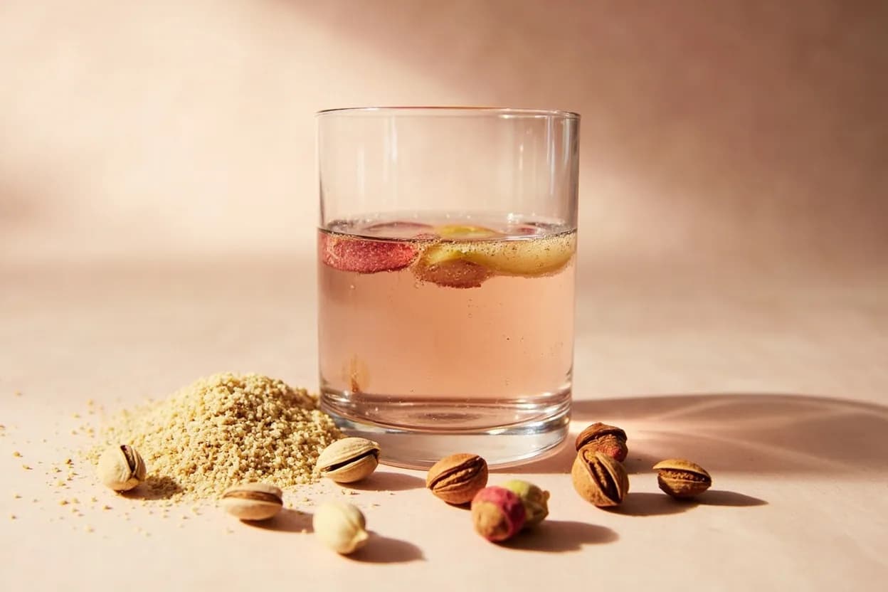 Rose Water paired with Cardamom (Persian / South Asian / Levantine) — the canonical affinity made visible. The single most classic pairing — Persian, Levantine, and South Asian confections routinely combine rose water and cardamom; their shared floral aromatic compounds (linalool) amplify each other, with cardamom's citrus-s…