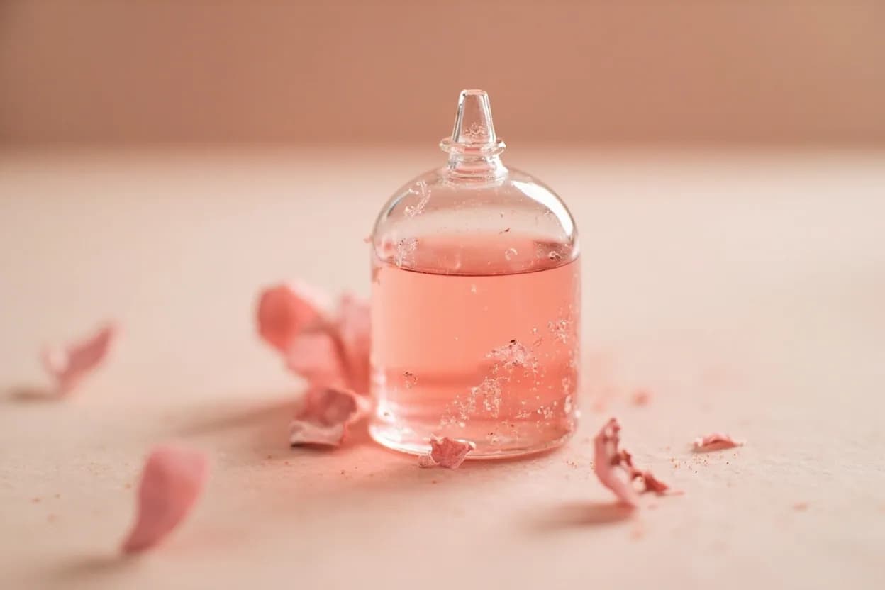 Rose Water in its natural form. Rose water is produced by steam-distilling or cold-macerating fresh rose petals, most commonly from Rosa damascena (the Damask rose) or Rosa centifolia, and collecting the aromatic distillate. Tasting profile: intensely floral, rose-garden aroma (geraniol, citronellol), faint honeyed, waxy sweetness, delicate violet-adjacent note, ephemeral quality — aromatics are highly volatile.