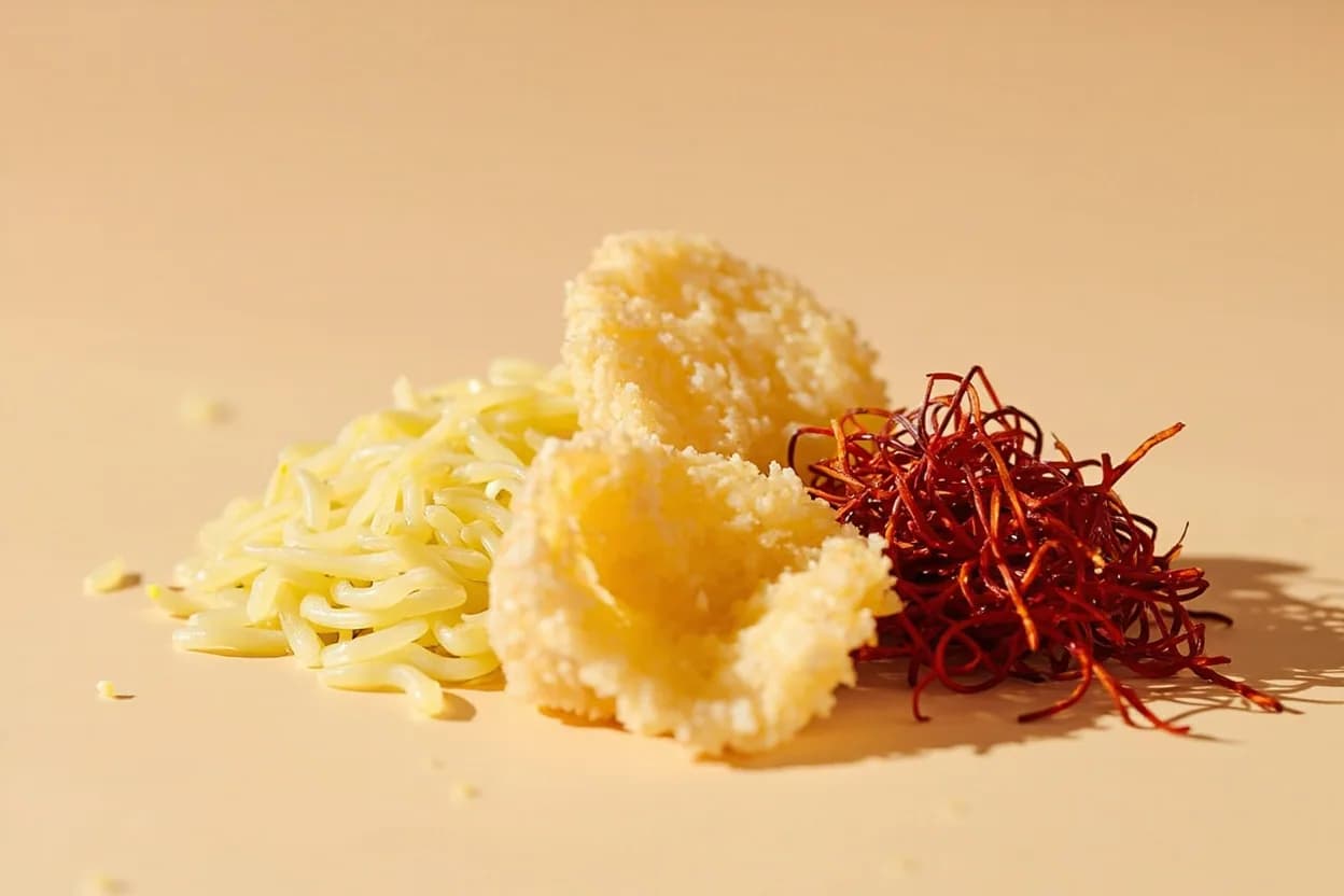 Saffron paired with Short-grain rice (Arborio, Calasparra, basmati) (Italian / Spanish / Persian) — the canonical affinity made visible. Saffron rice is the world's most widely expressed pairing — risotto alla Milanese, paella, Persian chelow — the grain absorbs both colour and perfume, and starch softens the metallic edge.