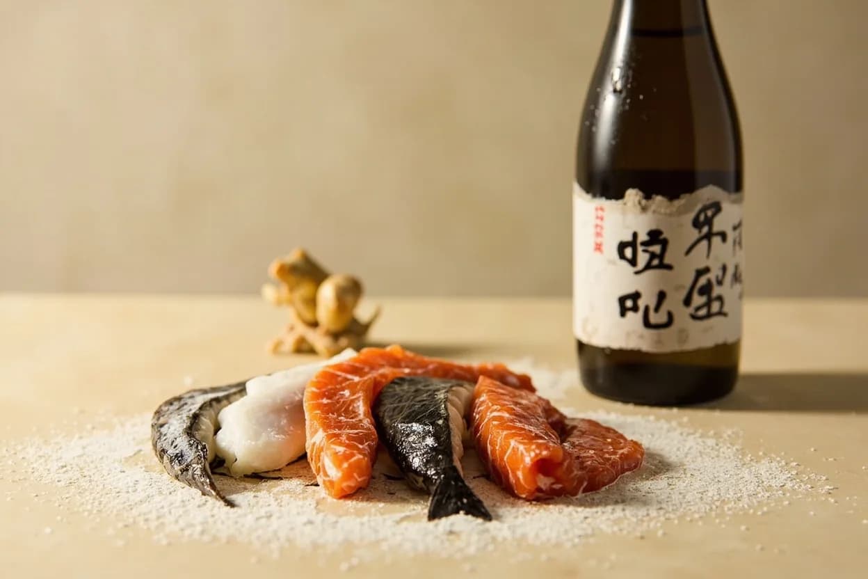 Sake paired with Fish and seafood (Japanese) — the canonical affinity made visible. Sake's amino acids reinforce the natural umami of raw and cooked fish; its low acid and absence of tannin avoid clashing with delicate proteins.
