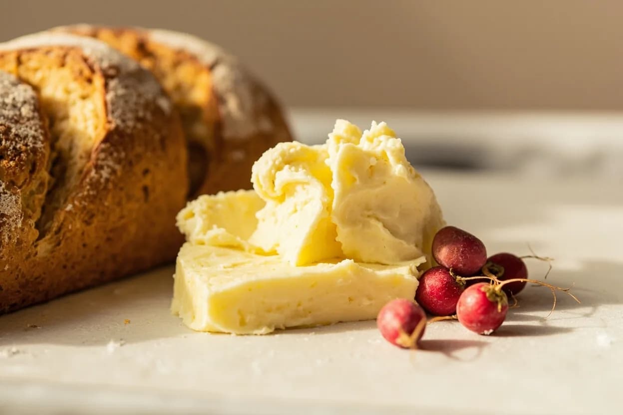 Salted Butter paired with Good bread (sourdough, pain de campagne, baguette) (French) — the canonical affinity made visible. The canonical pairing of human civilization — the salt in the butter seasons the bread's mild crumb while the fat carries wheat flavor.
